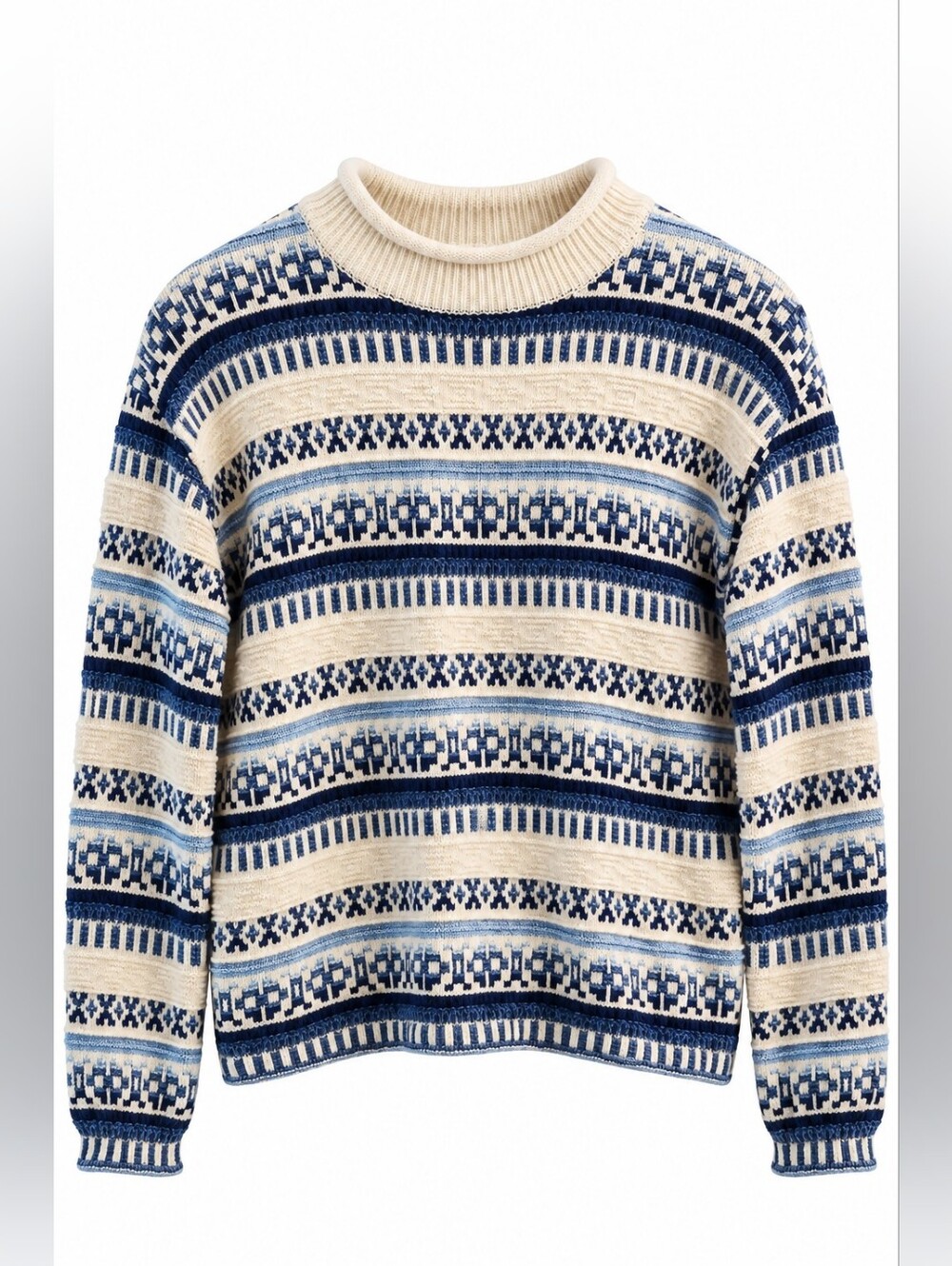 Vintage County Seat 100% Cotton Blue Fair Isle Sweater L, Roll Neck, Cropped